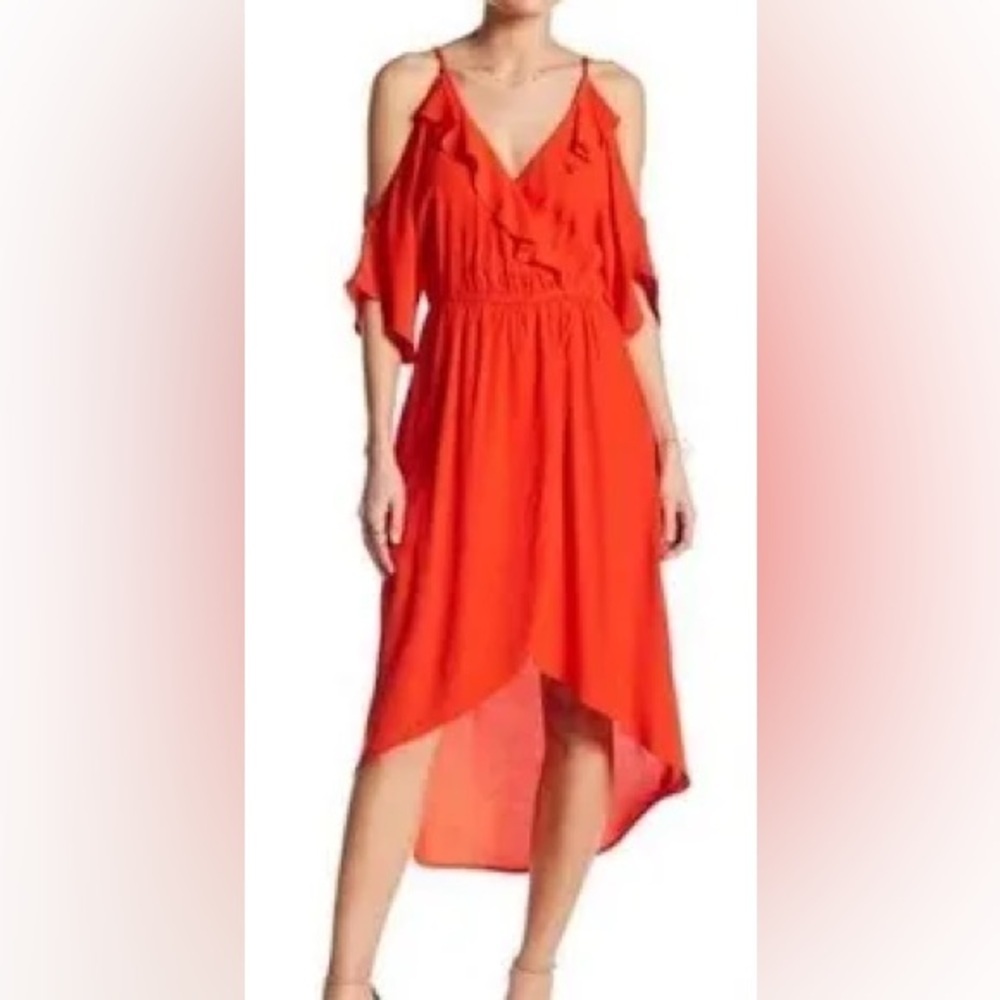 ASTR Red Ruffle Cold Shoulder Dress